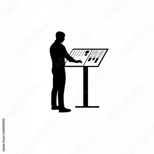 Silhouette of a male physicist operating quantum computer isolated on white background
