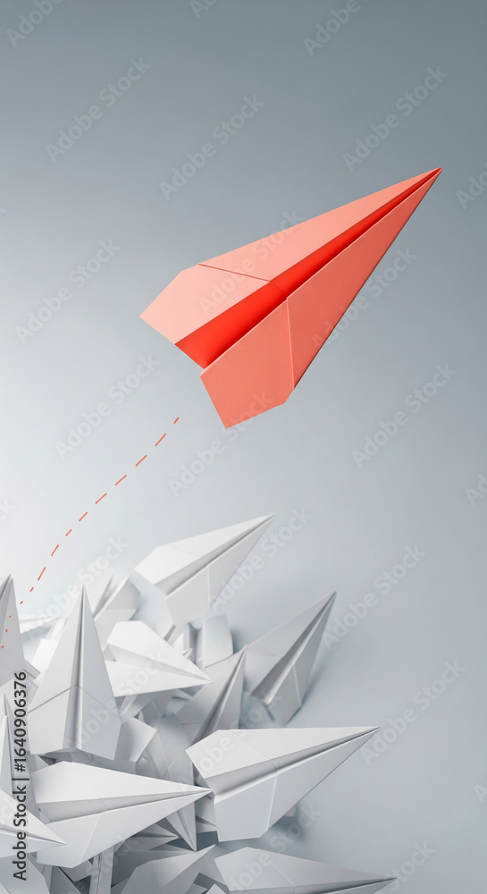 Naklejka premium Pink paper airplane soaring above white ones, symbolizing leadership, innovation, and standing out from the crowd