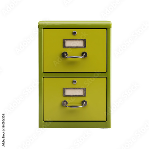 Stylish green metal filing cabinet with two drawers, ideal for office organization, storage solutions, and modern interior design.
