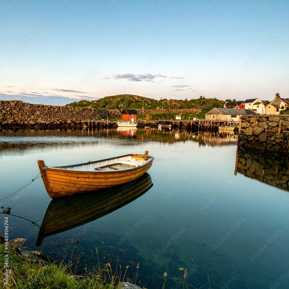 Obraz premium tiny vessel gently resting by the tranquil harbor reflection