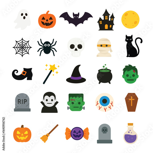 Halloween Solid Flat Vector Icons Pumpkin Ghost Witch Skull Bat Spider Candy Cauldron Haunted House Vampire Zombie Mummy Moon Magic Wand Gravestone Coffin Potion Black Cat Frankenstein eyeball 