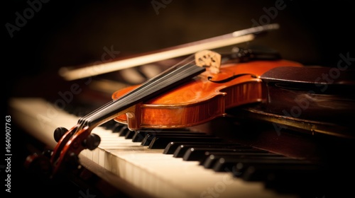 Elegant arrangement of classical instruments, violin and piano keys glowing with timeless musical charm.