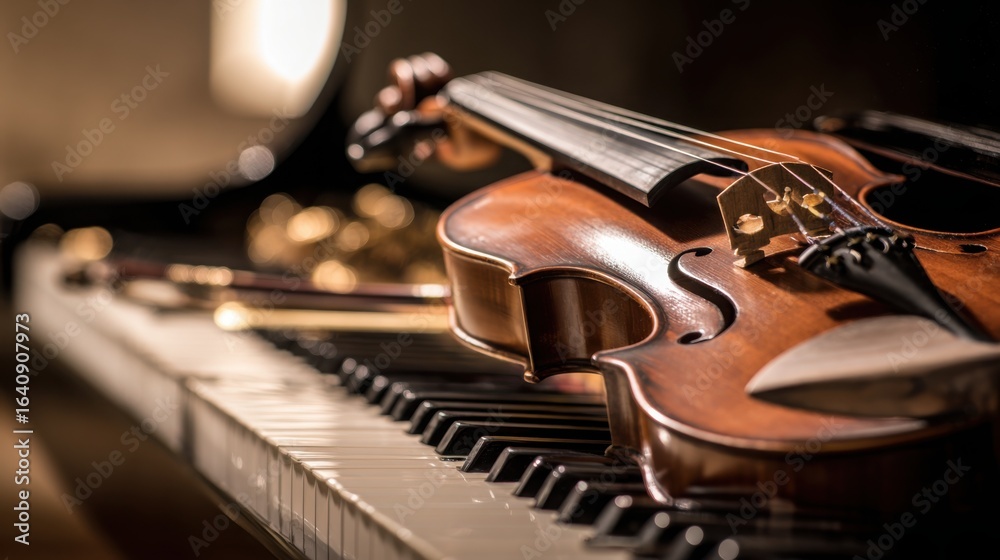 Fototapeta premium Elegant arrangement of classical instruments, violin and piano keys glowing with timeless musical charm.