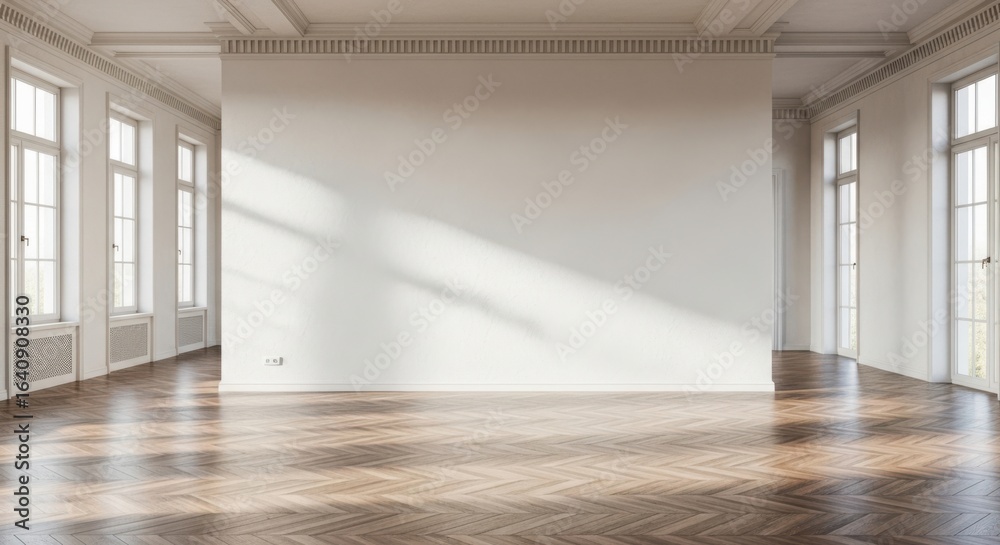 Fototapeta premium Spacious bright empty room with large windows and sunlight