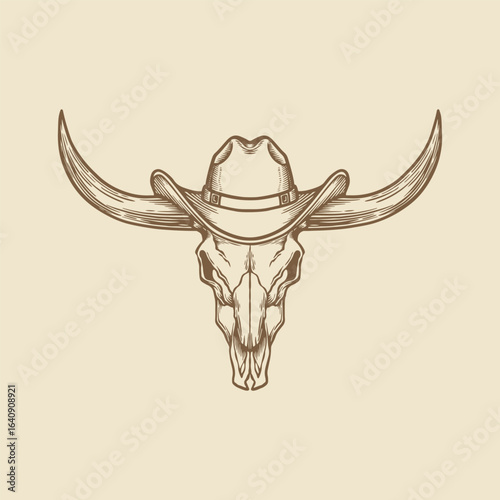 Longhorn Bull Skull with Cowboy Hat, Western Vintage Illustration Vector Art

