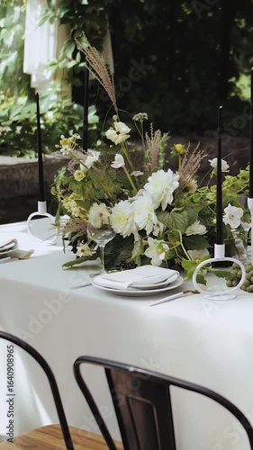 Wedding table decor in a restaurant. Beautiful and elegant floral table setting with candles on a fresh green background.