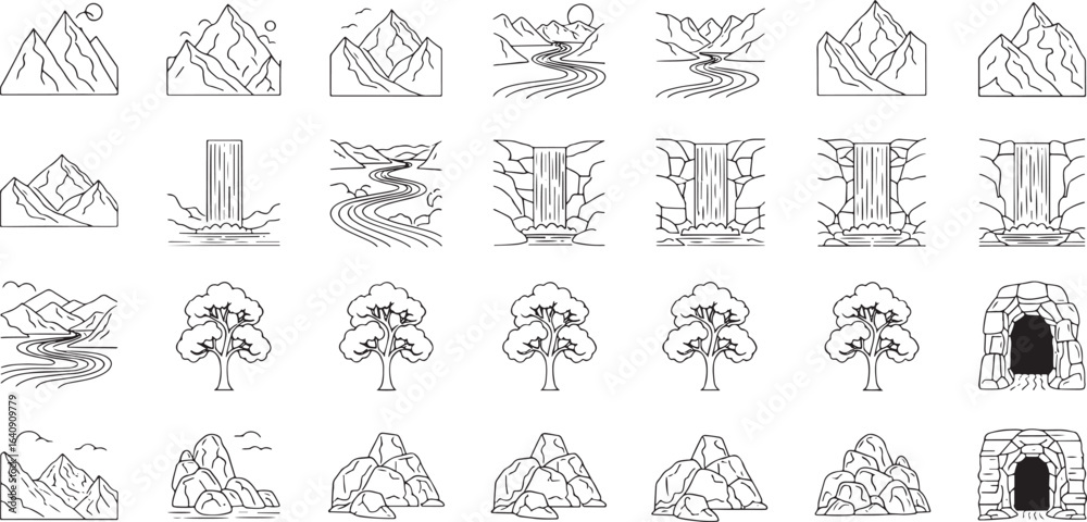 Fototapeta premium Landscape elements with mountains trees waterfalls and caves in a continuous line art style