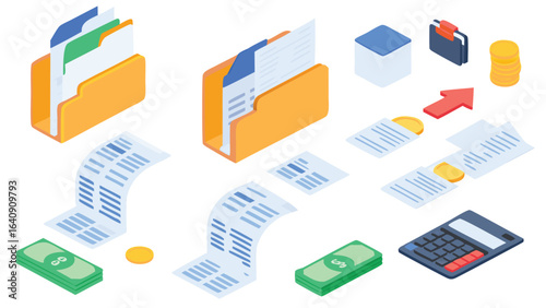 Isometric illustration of financial documents folders money and calculator for accounting tasks design