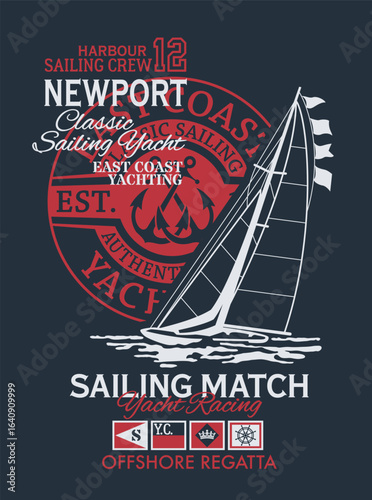 East Coast classic sailing yacht offshore regatta vintage vector print for children kid boy nautical t shirt sweatshirt 
