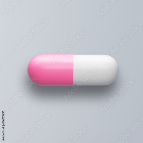 3d pill pink white tablet isolated on gray background. Realistic vector medicament illustration