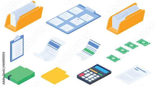 Isometric view of office supplies including files clipboards calculator and money on a white background