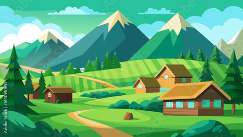 mountain green field landscape with wooden houses