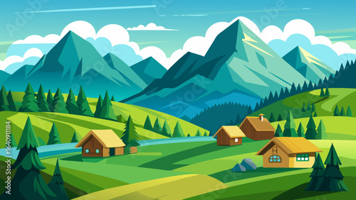 mountain green field landscape with wooden houses