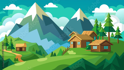 mountain green field landscape with wooden houses
