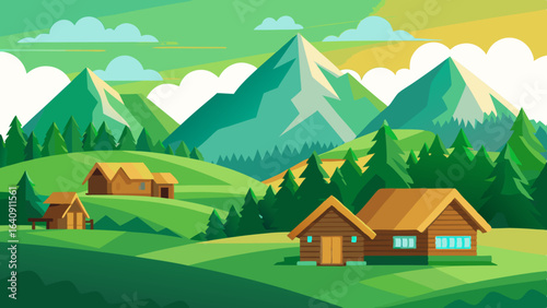 mountain green field landscape with wooden houses