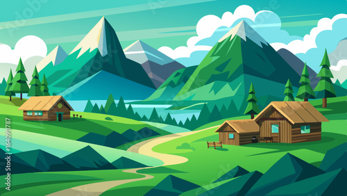 mountain green field landscape with wooden houses