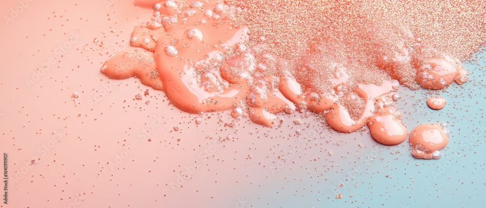 Obraz premium Liquid metal flowing, creating abstract patterns with small particles and shiny beads, evoking imagination and innovation.