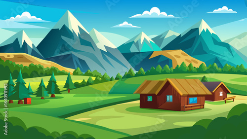 mountain green field landscape with wooden houses