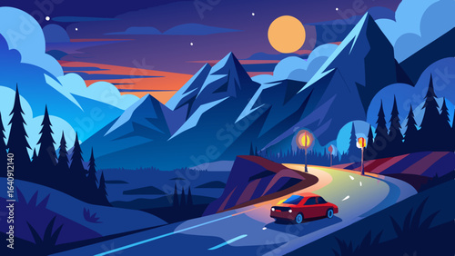 night mountains landscape with a car driving