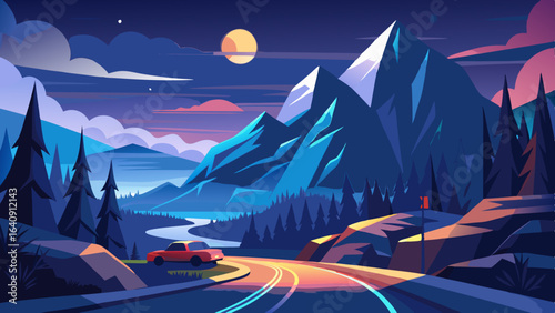 night mountains landscape with a car driving
