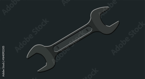 Isolated tool metal wrench with opened ends, angled on grey-blue background