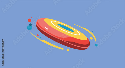 Colorful frisbee with motion trails on a solid blue background, illustration