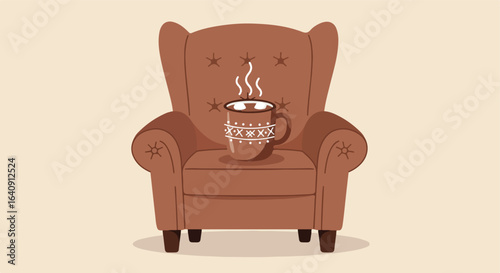 Mug on chair with star detail, inviting warmth, and a cozy, pleasant feel