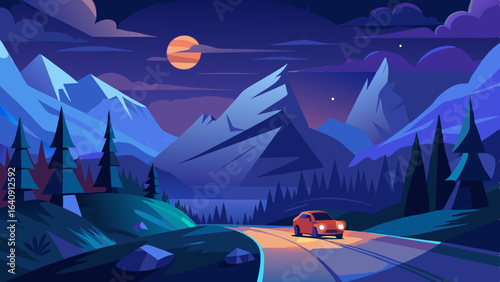 night mountains landscape with a car driving