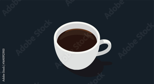 A white cup filled with a dark liquid rests on a deep bluish-black surface