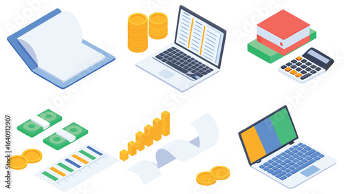 Isometric view of financial planning elements including laptops, money, and accounting tools displayed