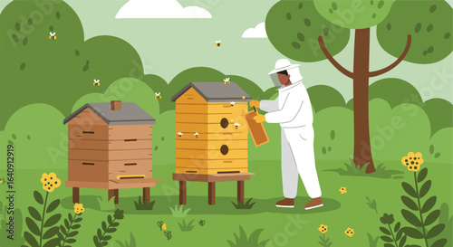 Beekeeper at the hive collecting honey comb in a lush, green, floral field