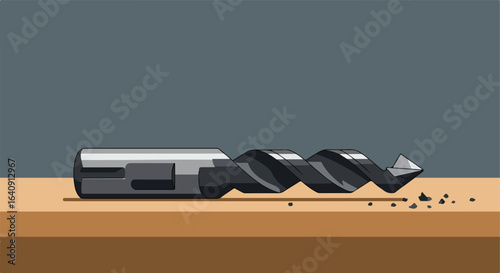 Shiny metal drill bit is lying on a wooden surface with small pieces of wood