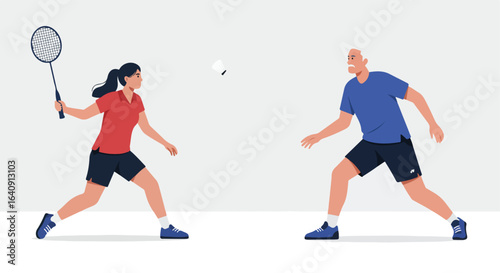 Animated badminton players on white backdrop. Vector game scene with shuttlecock