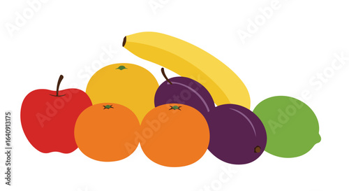 Assorted fruits featuring apple, oranges, banana, plums and lime in a flat illustration