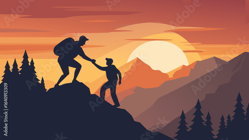 silhouette of hikers one man is giving helping hand