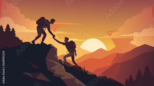 silhouette of hikers one man is giving helping hand