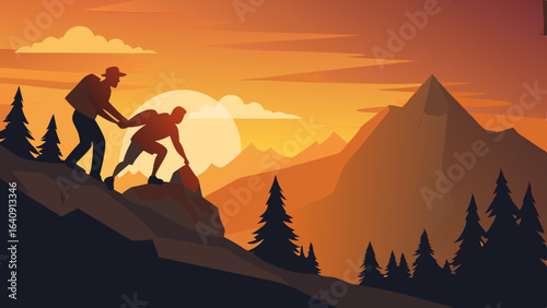 silhouette of hikers one man is giving helping hand