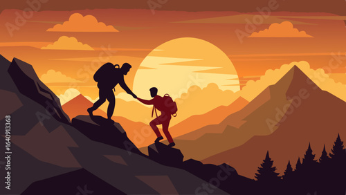 silhouette of hikers one man is giving helping hand