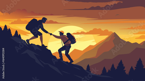 silhouette of hikers one man is giving helping hand