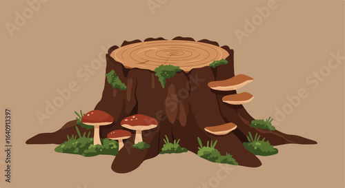 Tree stump with fungi and moss, showing the rings of age for tree, on tan background