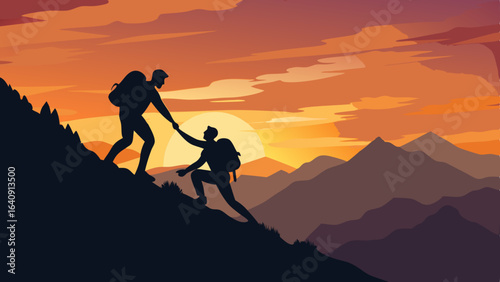 silhouette of hikers one man is giving helping hand