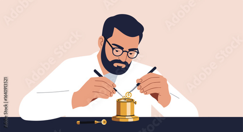 Person repairs clock. Close-up shot of gold parts on a desk. Fine work at the bench