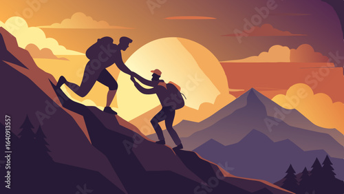 silhouette of hikers one man is giving helping hand