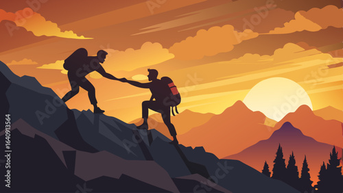 silhouette of hikers one man is giving helping hand