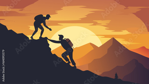silhouette of hikers one man is giving helping hand