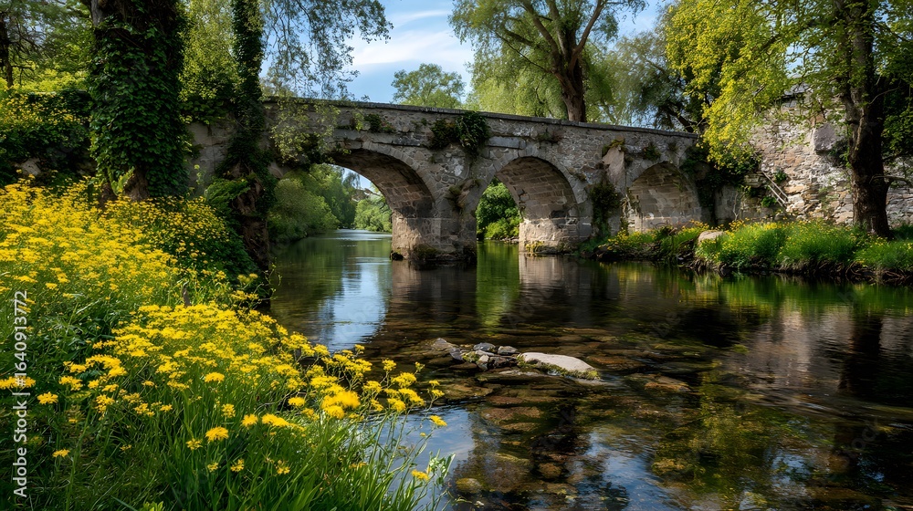 Obraz premium Historic stone bridge over calm river flowers and greenery along the bank captured during spring bloom suitable for travel promotions European countryside visuals and tranquil lifestyle scenes