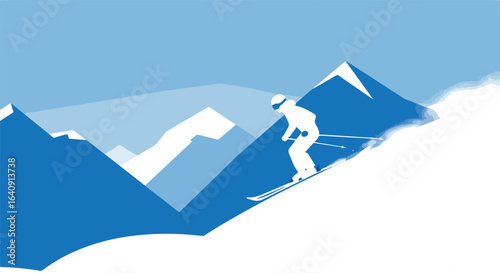 Skier descends mountain slope in winter landscape of snowy mountains