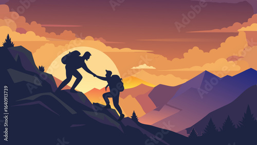 silhouette of hikers one man is giving helping hand