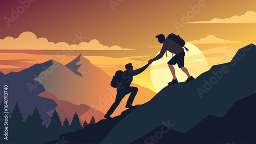 silhouette of hikers one man is giving helping hand