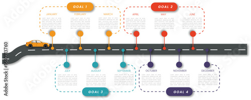 Infographic template for business. 12 Months modern Timeline diagram calendar, presentation vector infographic. roadmap for business growth and success with four goals steps